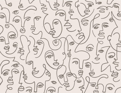 Faces line drawing wall mural in black and white