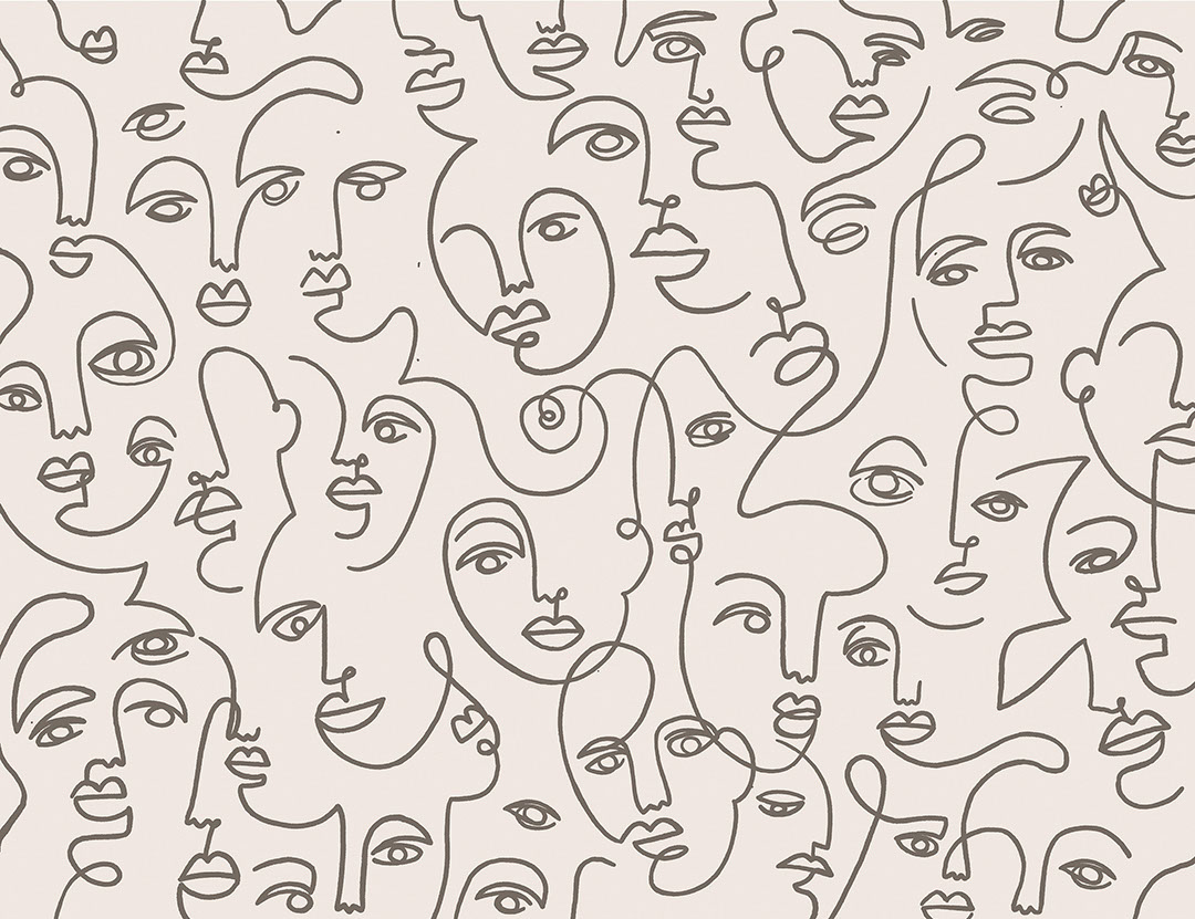 Faces line drawing wall mural in black and white
