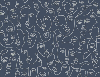 Faces line drawing wall mural on the navy blue background