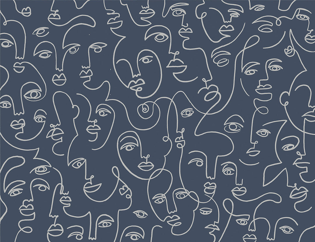 Faces line drawing wall mural on the navy blue background