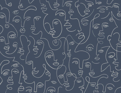 Delicate faces line drawing wall mural on the navy blue background