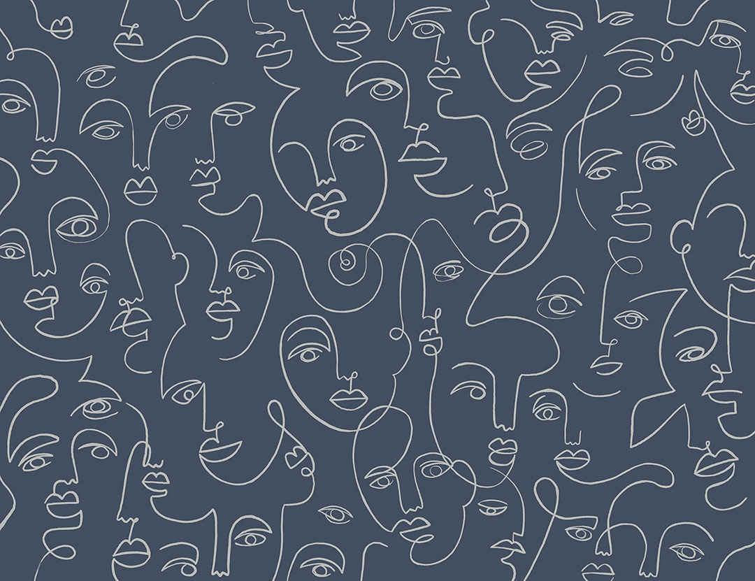 Delicate faces line drawing wall mural on the navy blue background