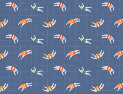 Little swimmers on a checkered navy blue background patterned wallpaper