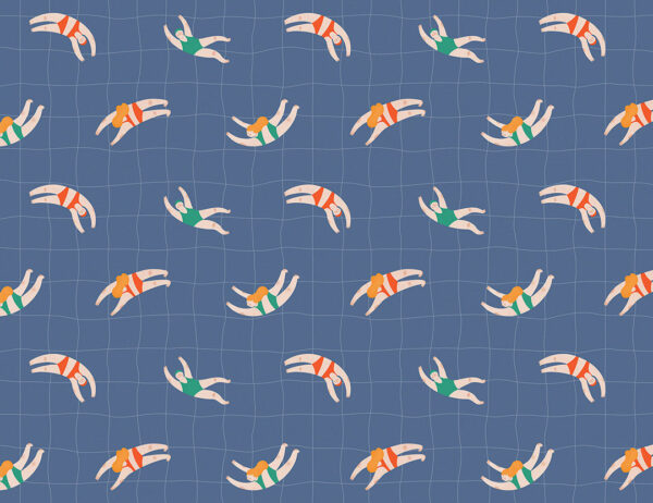 Little swimmers on a checkered navy blue background patterned wallpaper