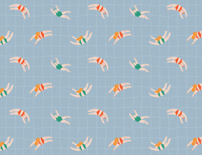 Little swimmers on a checkered blue background patterned wallpaper