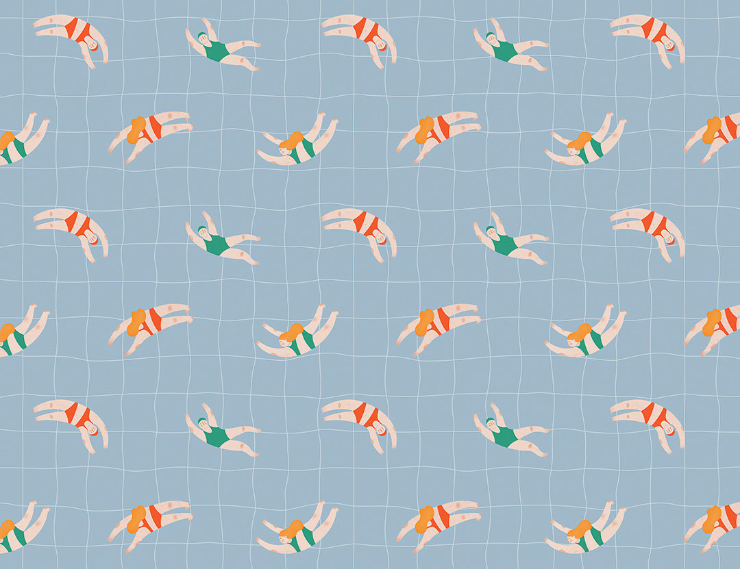 Little swimmers on a checkered blue background patterned wallpaper