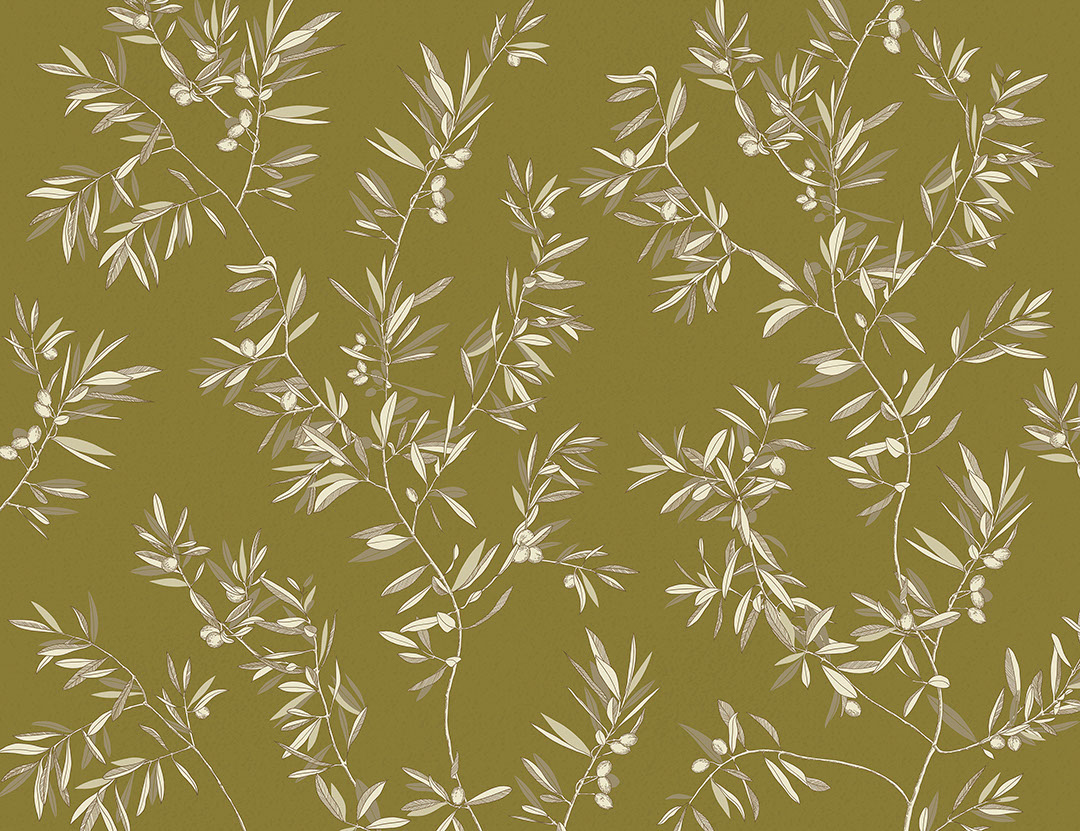 Delicate olive tree branches on the khaki background wall mural