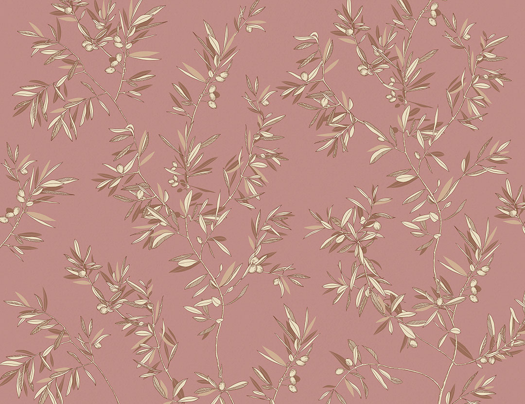 Delicate olive tree branches on the pink background wall mural