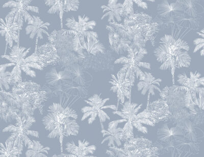 White delicate tropical leaves on the blue background wall mural