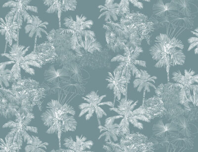 White delicate tropical leaves on the grey-blue background wall mural