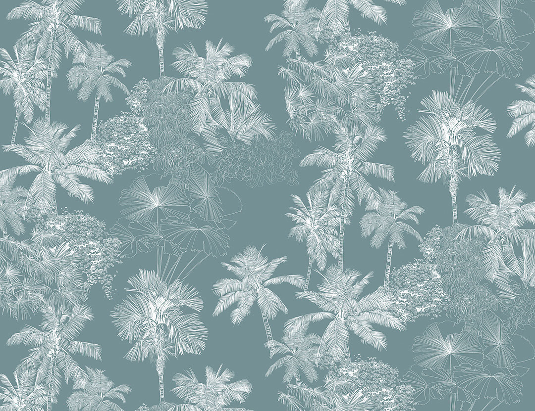 White delicate tropical leaves on the grey-blue background wall mural