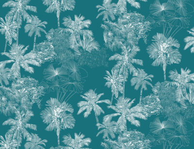 White delicate tropical leaves on the azure background wall mural