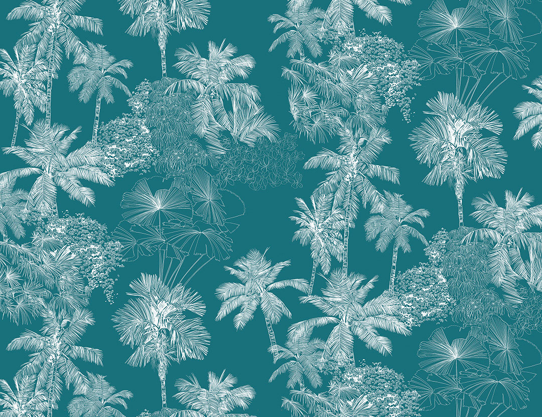 White delicate tropical leaves on the azure background wall mural
