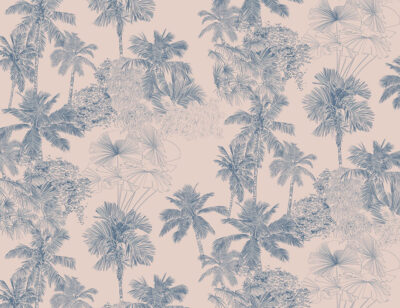 Illustrated delicate blue tropical leaves on pink background wall mural