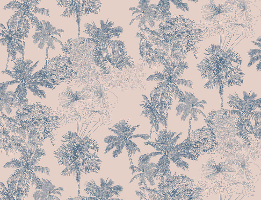 Illustrated delicate blue tropical leaves on pink background wall mural