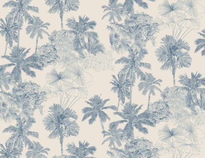 Illustrated delicate blue tropical leaves wall mural