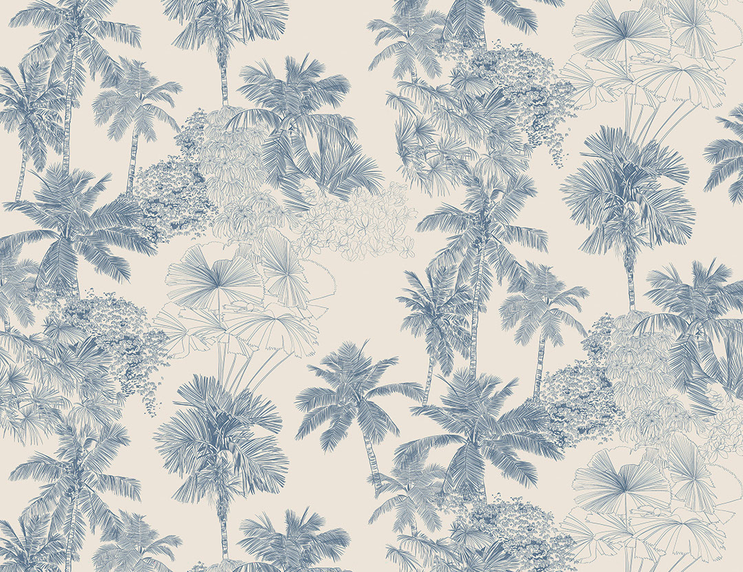 Illustrated delicate blue tropical leaves wall mural