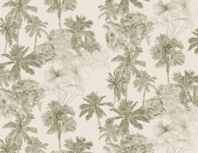 Illustrated delicate green tropical leaves wall mural