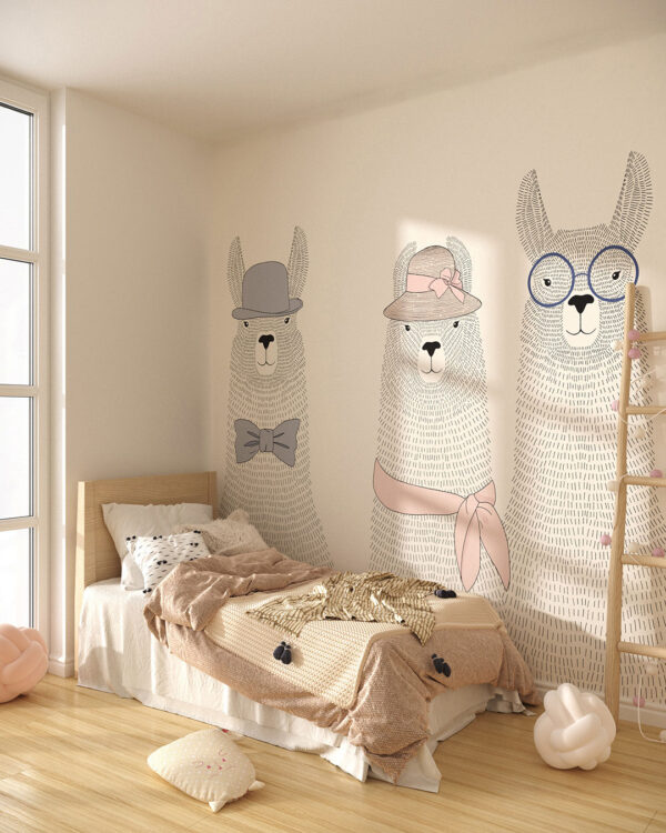 Minimalist illustrated llamas in hats and glasses wall mural for a children's room