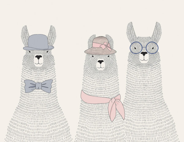 Minimalist illustrated llamas in hats and glasses wall mural