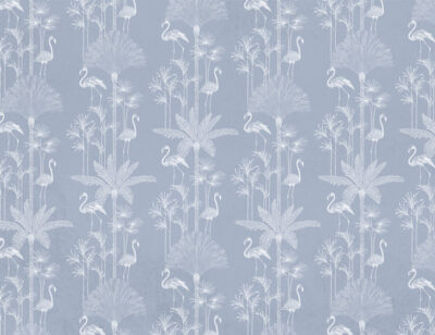 Illustrated tropical palm trees and flamingo blue patterned wallpaper