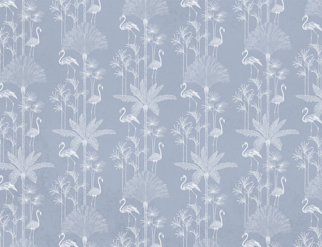 Illustrated tropical palm trees and flamingo blue patterned wallpaper