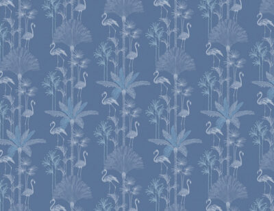 Illustrated tropical palm trees and flamingo navy blue patterned wallpaper