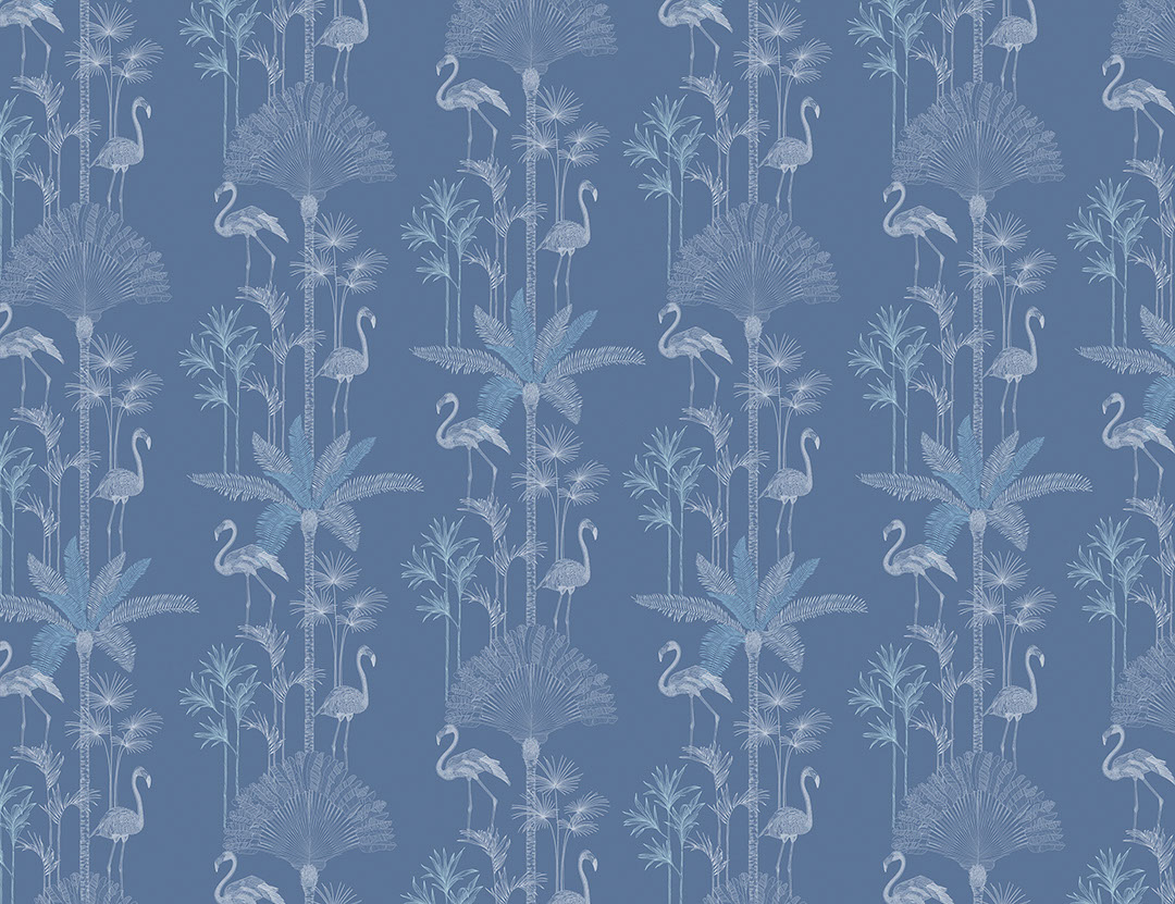 Illustrated tropical palm trees and flamingo navy blue patterned wallpaper