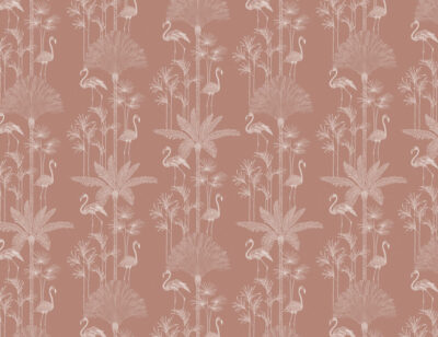 Illustrated tropical palm trees and flamingo peachy patterned wallpaper