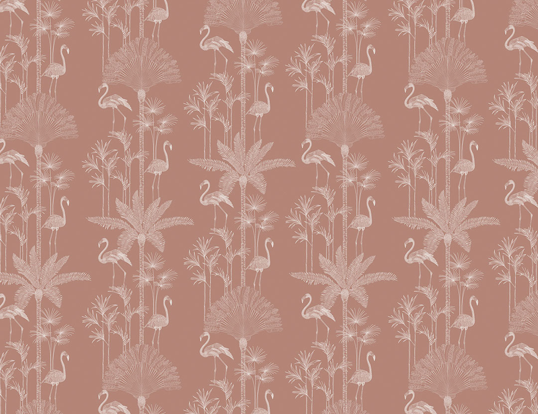 Illustrated tropical palm trees and flamingo peachy patterned wallpaper