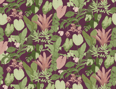 Dark tropical leaves patterned wallpaper on the purple background