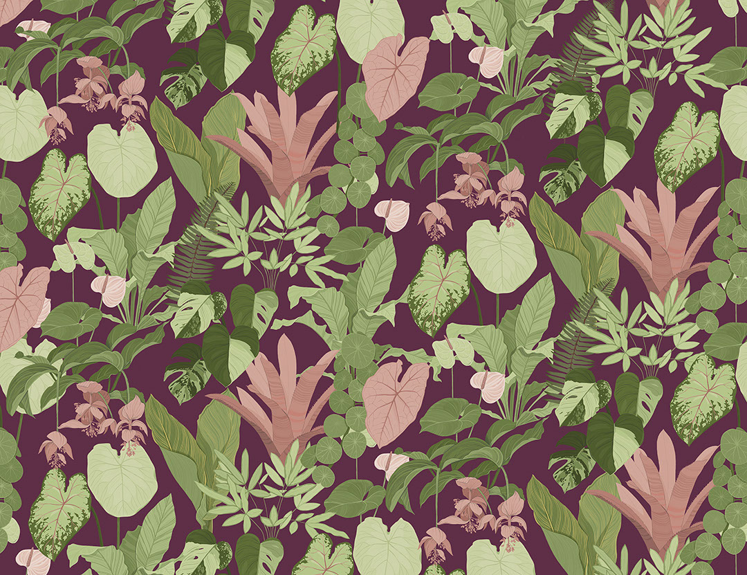 Dark tropical leaves patterned wallpaper on the purple background