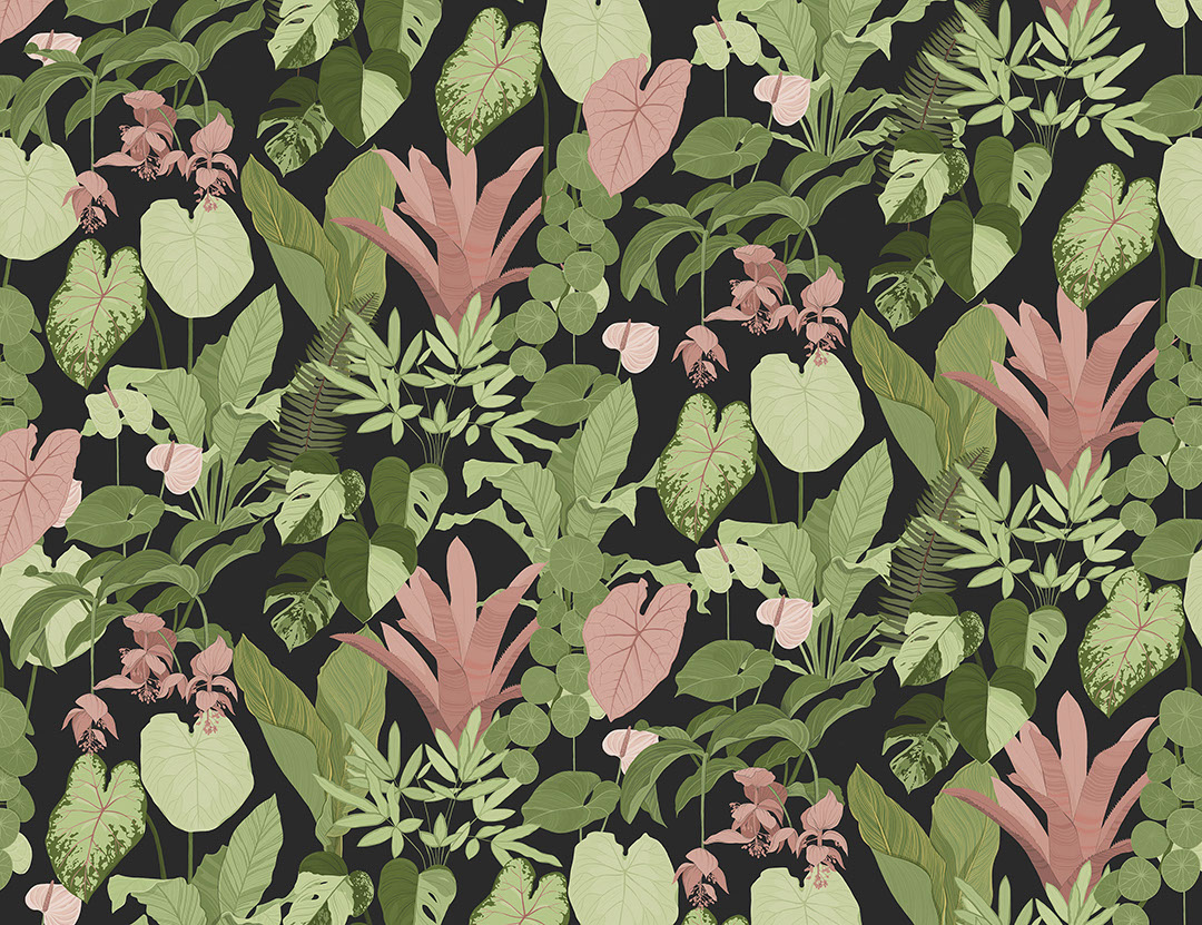 Dark tropical leaves patterned wallpaper on the black background