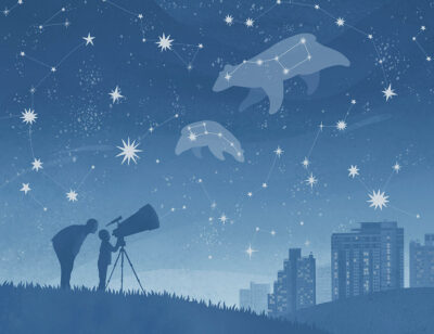 Constellation above the city and a telescope kids wall mural