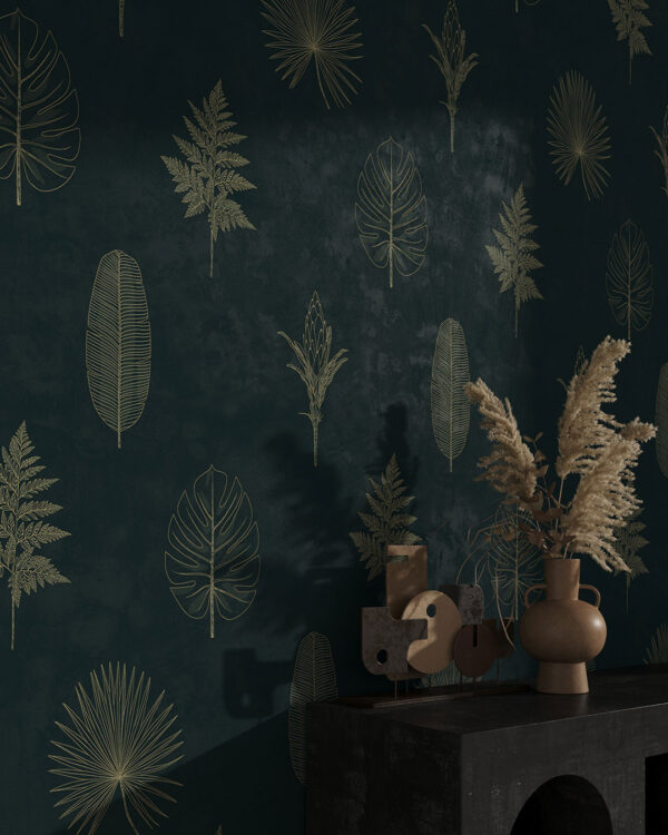 Minimalist hand-drawn outlines of various leaves and plants patterned wallpaper for the living room