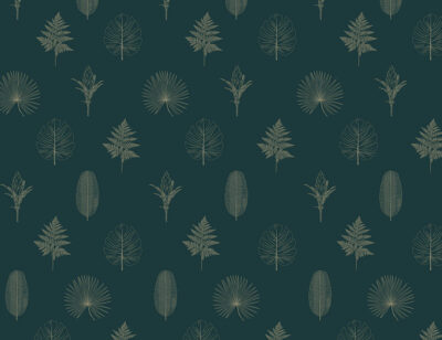 Minimalist hand-drawn outlines of various leaves and plants patterned wallpaper on the green background