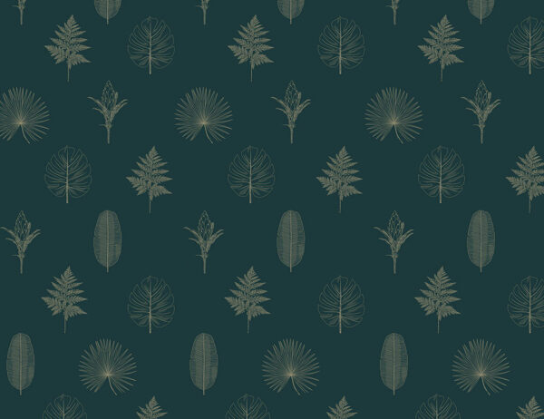 Minimalist hand-drawn outlines of various leaves and plants patterned wallpaper on the green background