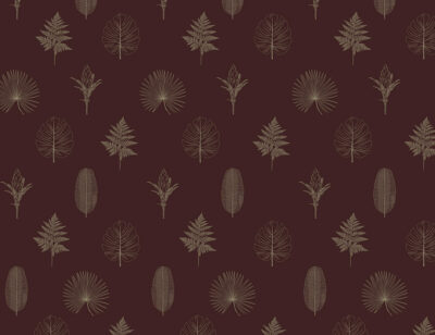 Minimalist hand-drawn outlines of various leaves and plants patterned wallpaper on the red background
