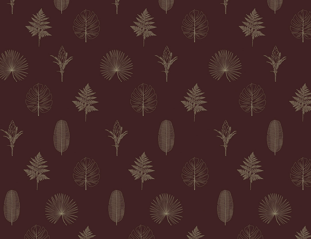Minimalist hand-drawn outlines of various leaves and plants patterned wallpaper on the red background