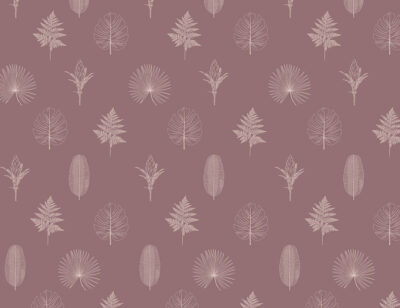 Minimalist hand-drawn outlines of various leaves and plants patterned wallpaper on the pink background