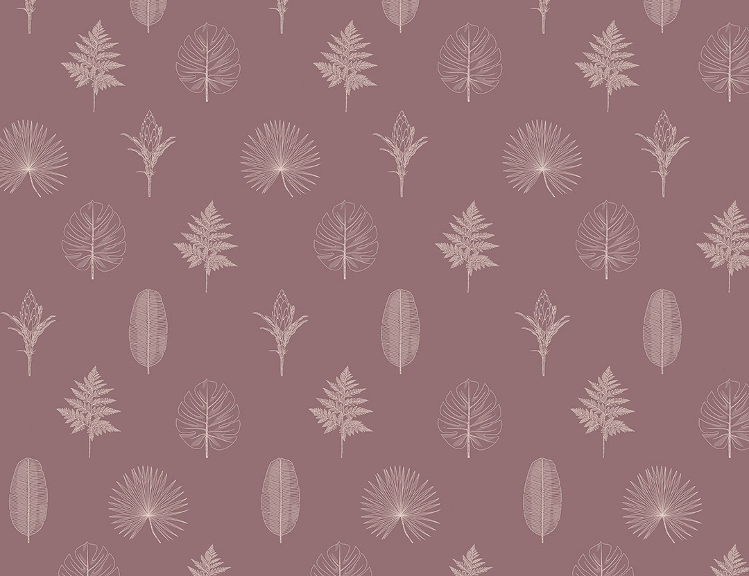 Minimalist hand-drawn outlines of various leaves and plants patterned wallpaper on the pink background