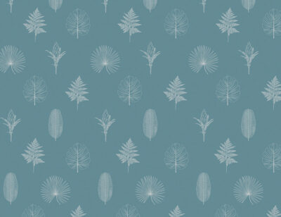 Minimalist hand-drawn outlines of various leaves and plants patterned wallpaper on the blue background
