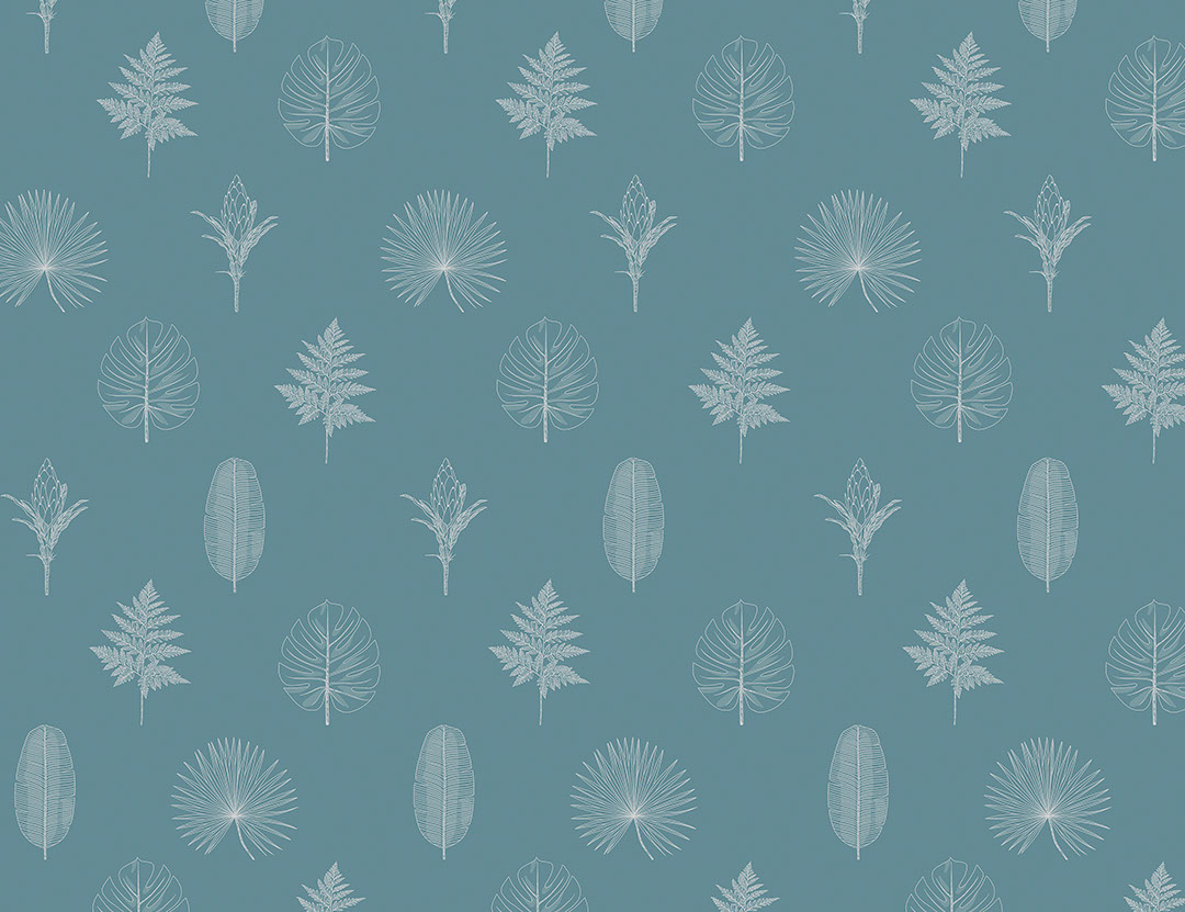 Minimalist hand-drawn outlines of various leaves and plants patterned wallpaper on the blue background