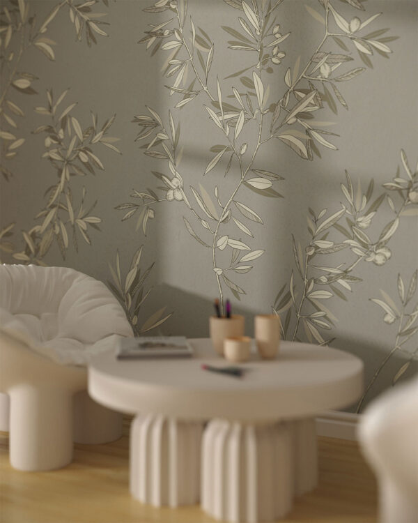 Minimalist olive tree branches wall mural for a children's room