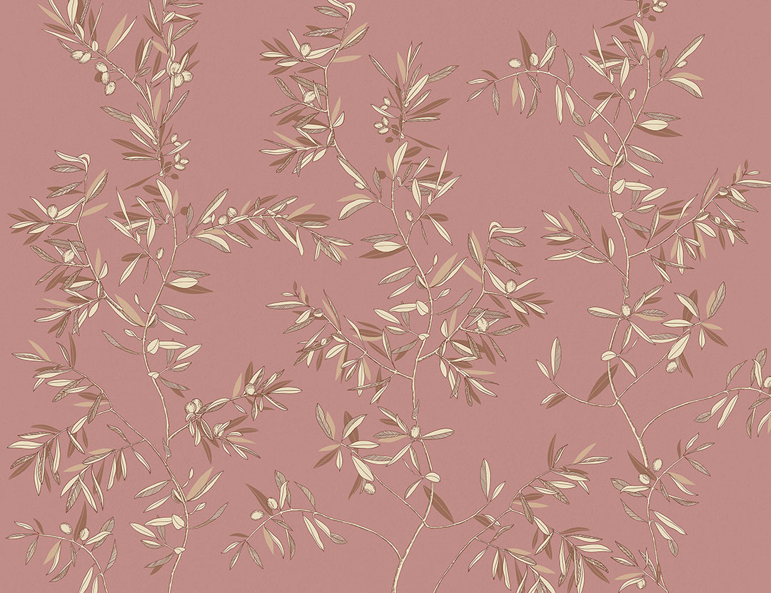 Minimalist olive tree branches wall mural on the pink background