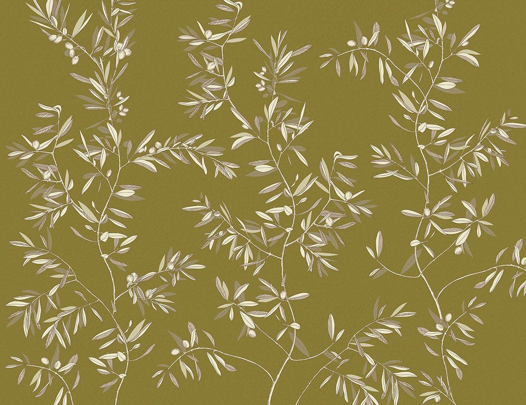 Minimalist olive tree branches wall mural on the khaki background