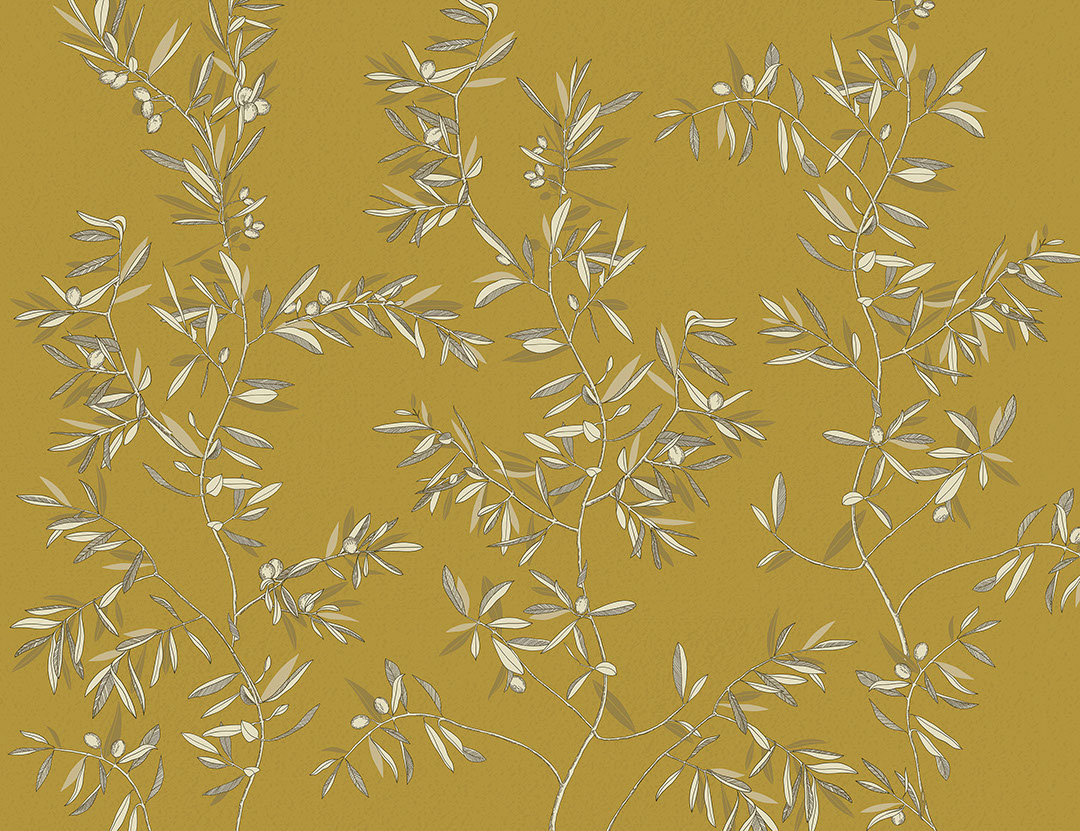 Minimalist olive tree branches wall mural on the mustard background