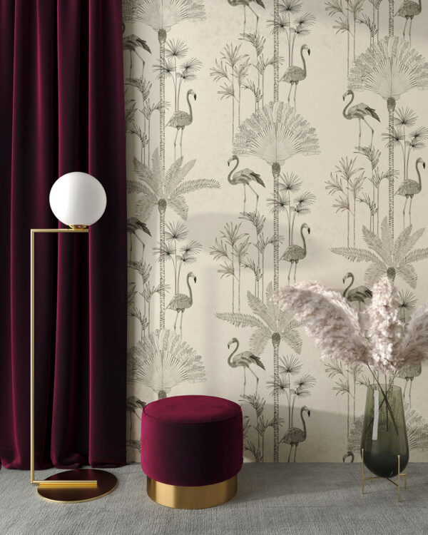 Minimalist tropical palm trees and flamingo patterned wallpaper for the living room