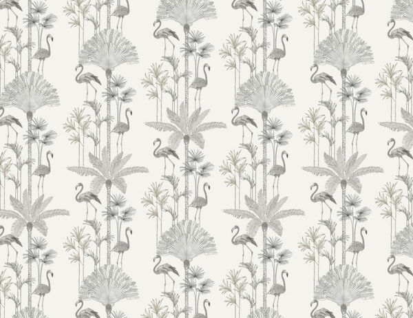 Minimalist tropical palm trees and flamingo patterned wallpaper