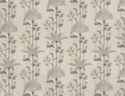 Minimalist tropical palm trees and flamingo patterned wallpaper in black and white